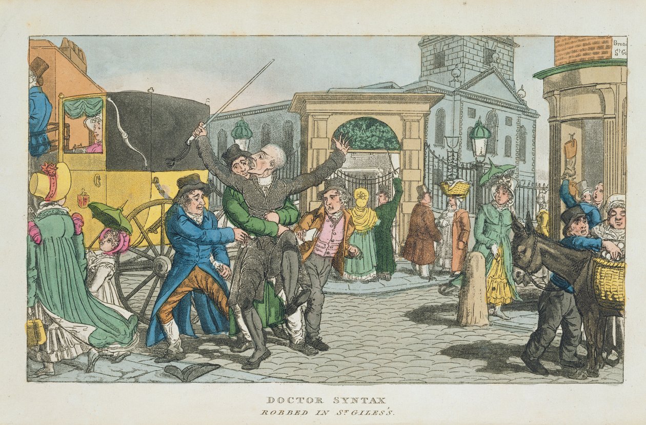 Le docteur Syntax volé à St. Giless, de La tournée du docteur Syntax à travers Londres, ou les plaisirs et misères de la métropole. Un poème, publié en 1820 - English School