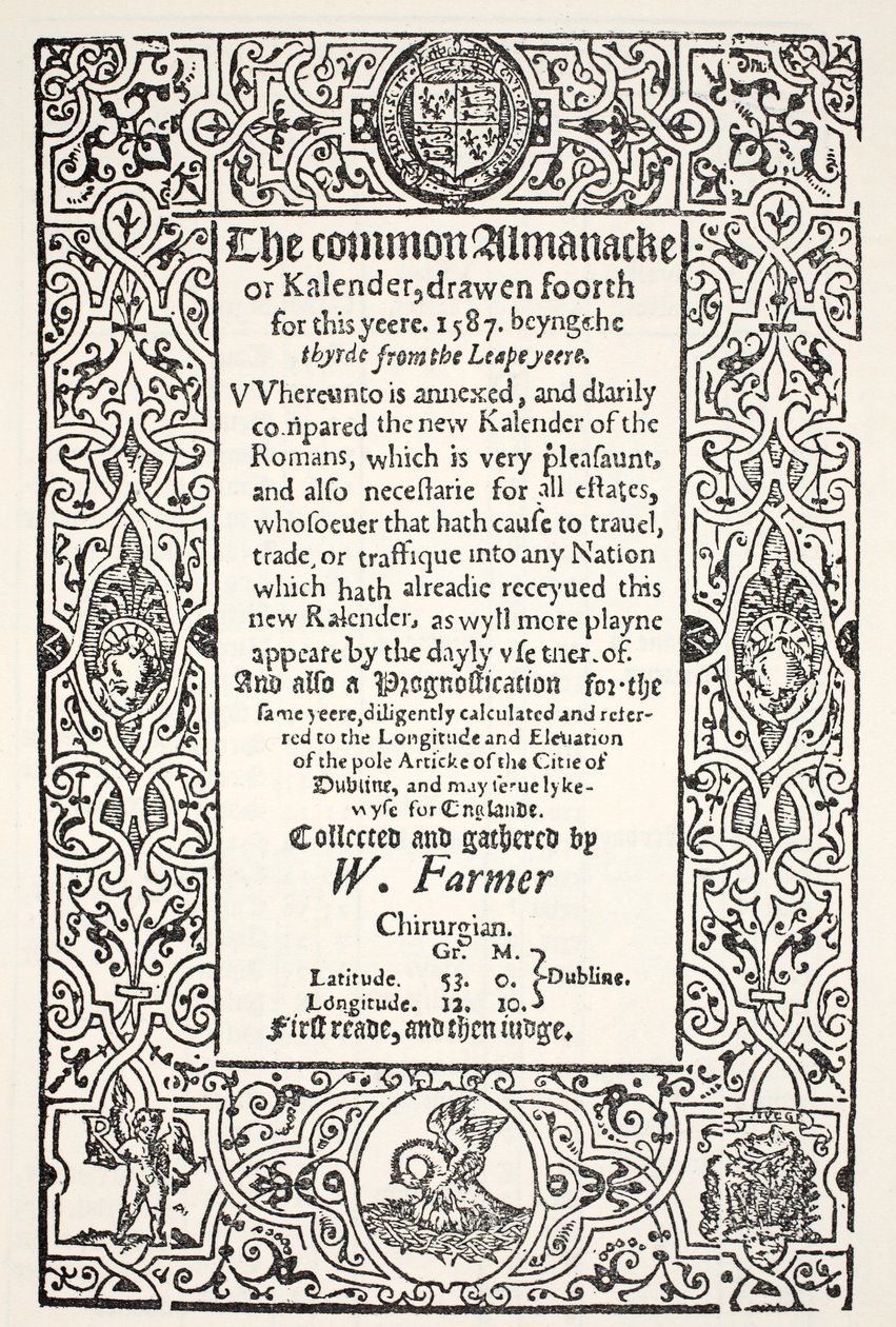 Double almanach (commun et nouveau) et prognostication pour Dublin pour 1587, par W. Farmer, imprimée par Watkins et Roberts, 1587 - English School