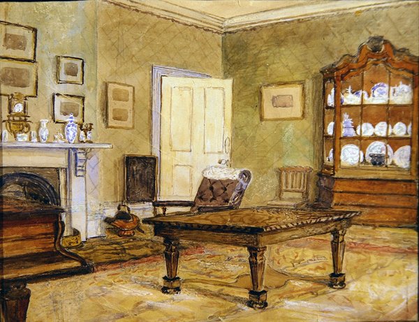 Intérieur de salon avec collection de porcelaine, vers 1890 - English School