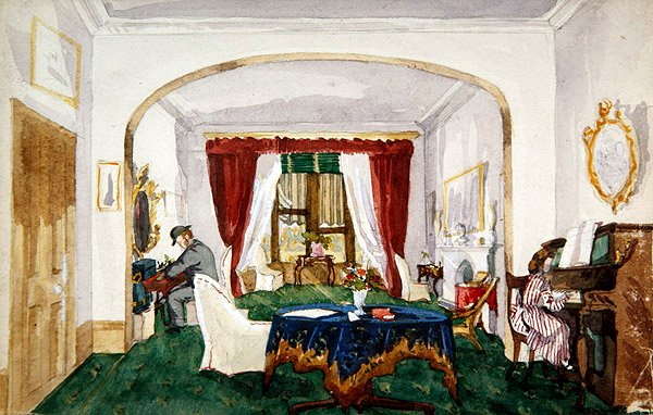 Intérieur de salon, femme au piano, homme avec chapeau melon écrivant, vers 1850 - English School