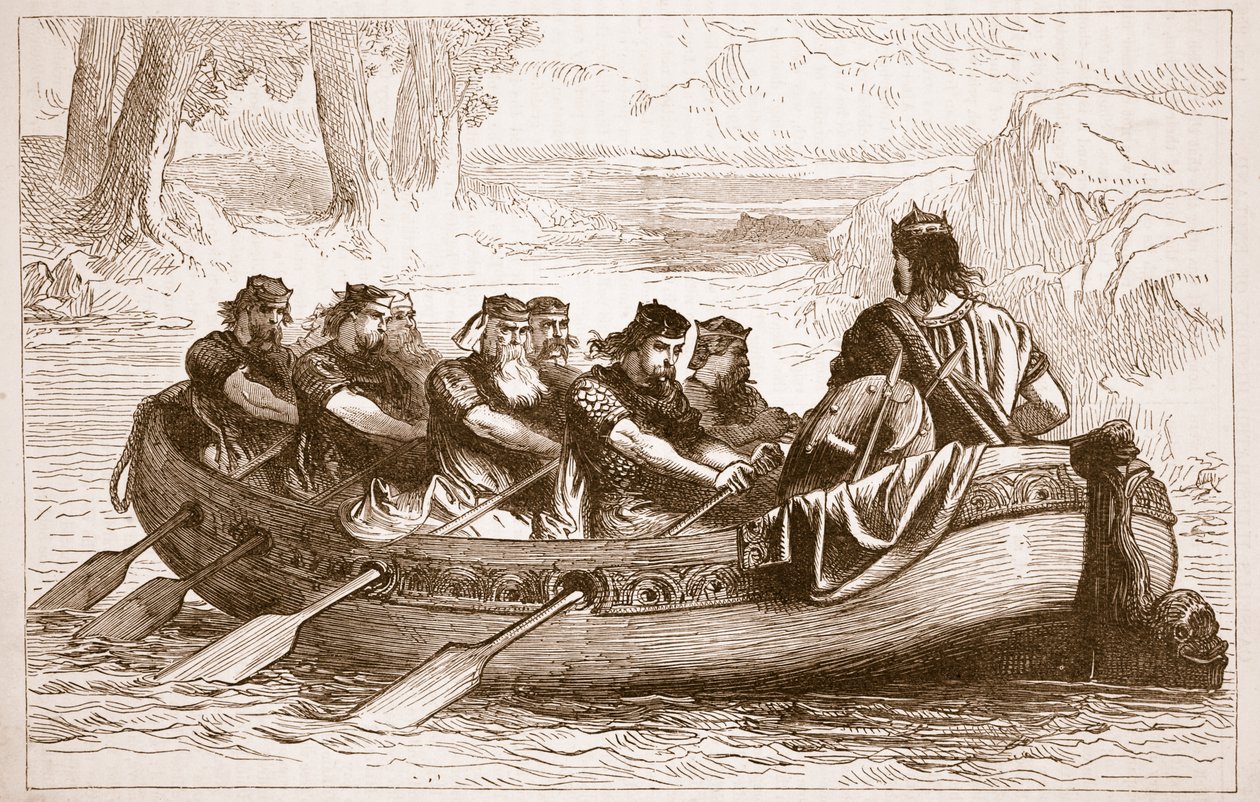 Edgar le Pacifique ramé sur la rivière Dee par huit princes tributaires, illustration de Cassells Illustrated History of England - English School