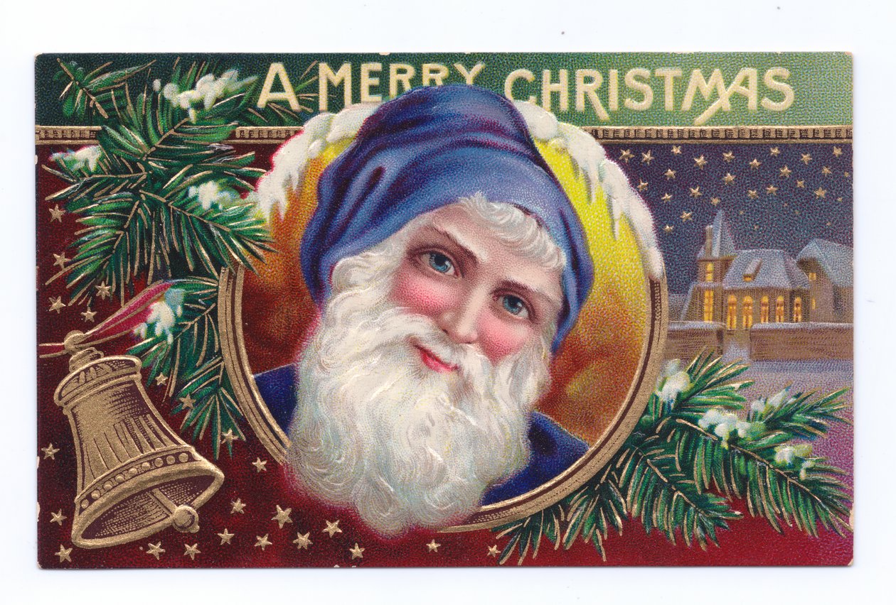 Carte postale de Noël édouardienne représentant le Père Noël avec du gui et une cloche, vers 1910 (lithographie couleur) - English School