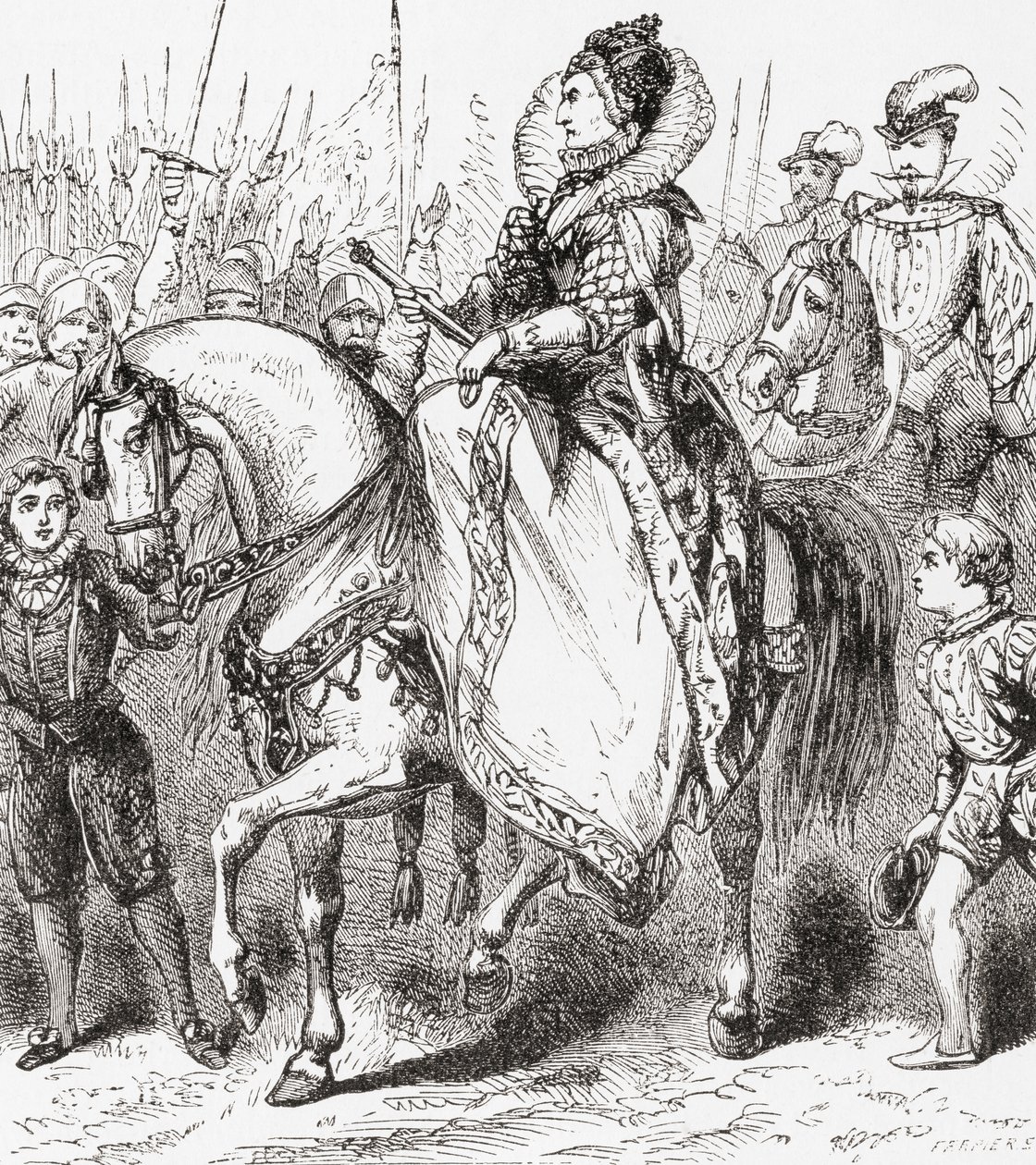 Élisabeth I inspectant ses troupes au port de Tilbury, 1588, de Ward et Locks Illustrated History of the World, pub. c.1882 - English School
