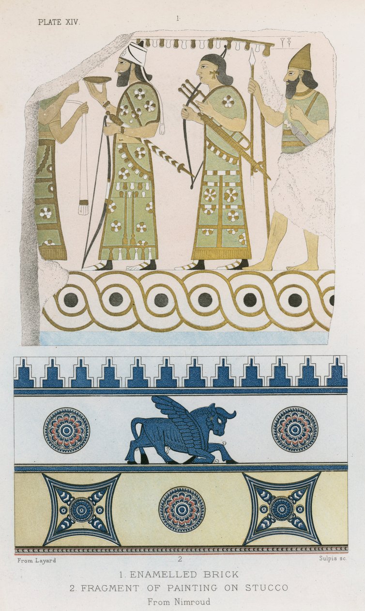 Brique émaillée, Fragment de peinture sur stuc, Nimroud (lithographie couleur) - English School