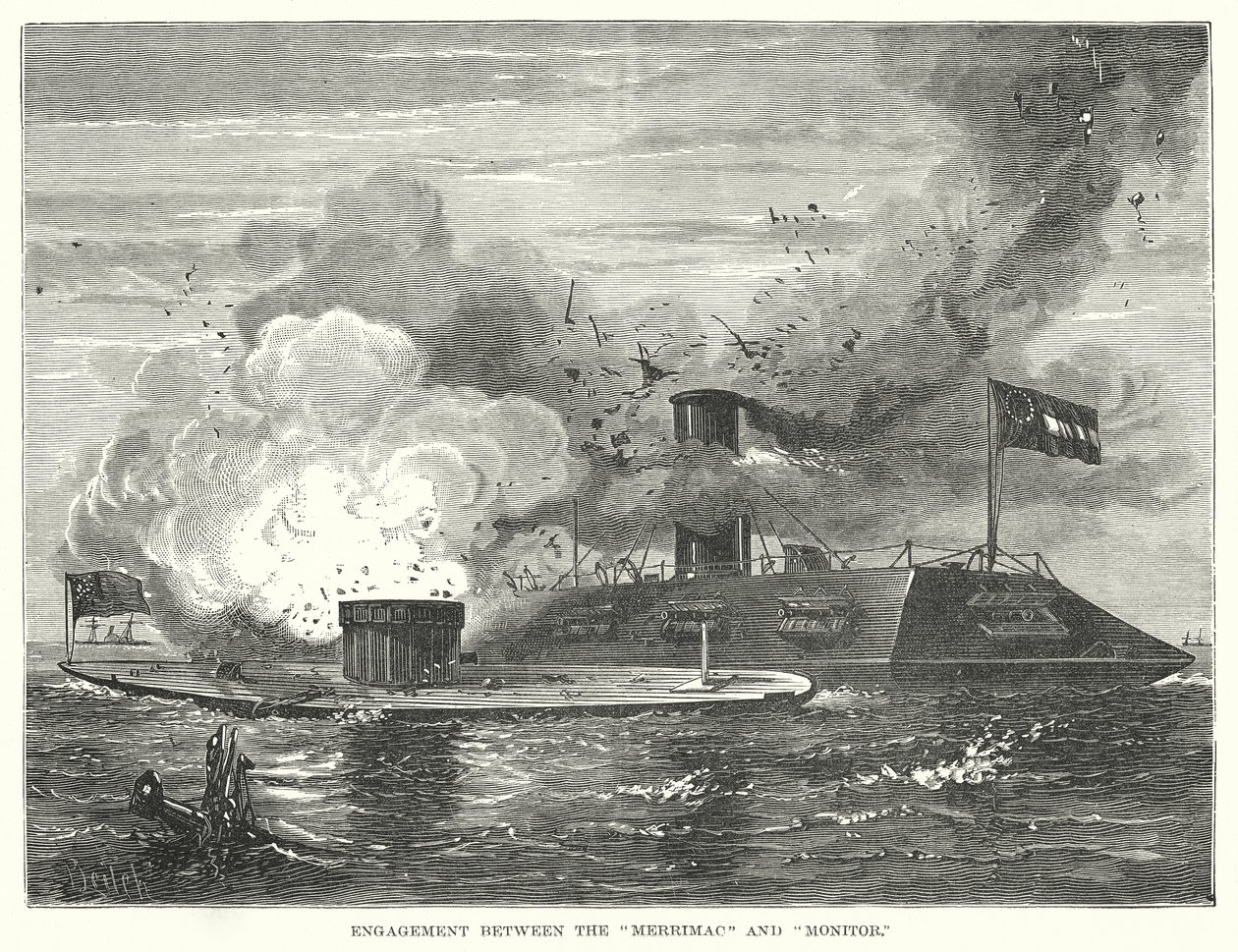 Engagement entre le "Merrimac" et le "Monitor" (gravure) - English School