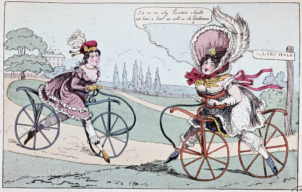 Caricature anglaise sur les chevaux de bois en 1819 (premiers vélos) - dans « Le cyclisme théorique et pratique » par Baudry de Saulnier - English School
