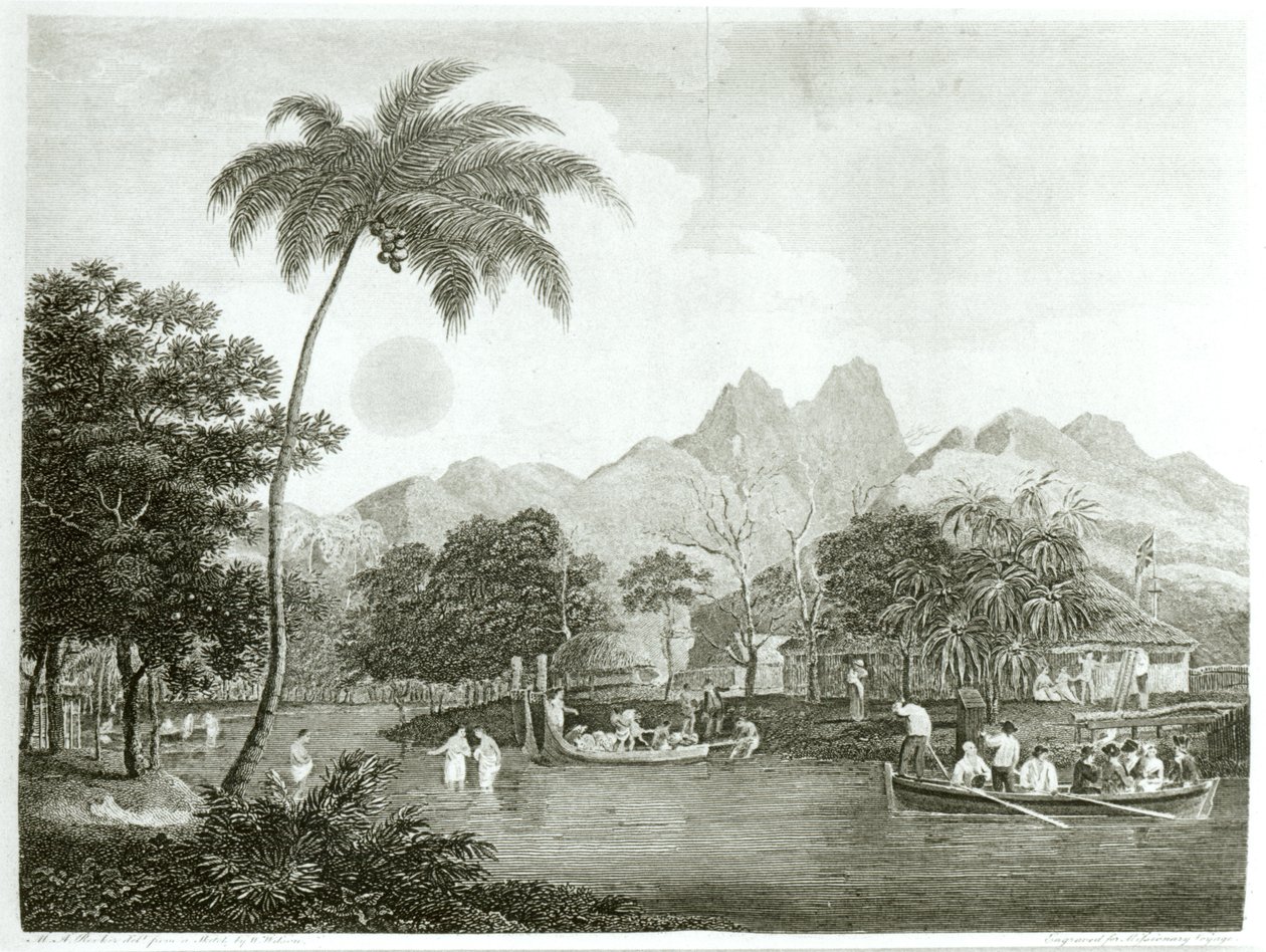 Missionnaires européens dans un village tahitien, de A Missionary Voyage to the Southern Pacific Ocean Performed in the Years 1796-98 in the Ship Duff, publié en 1799 - English School