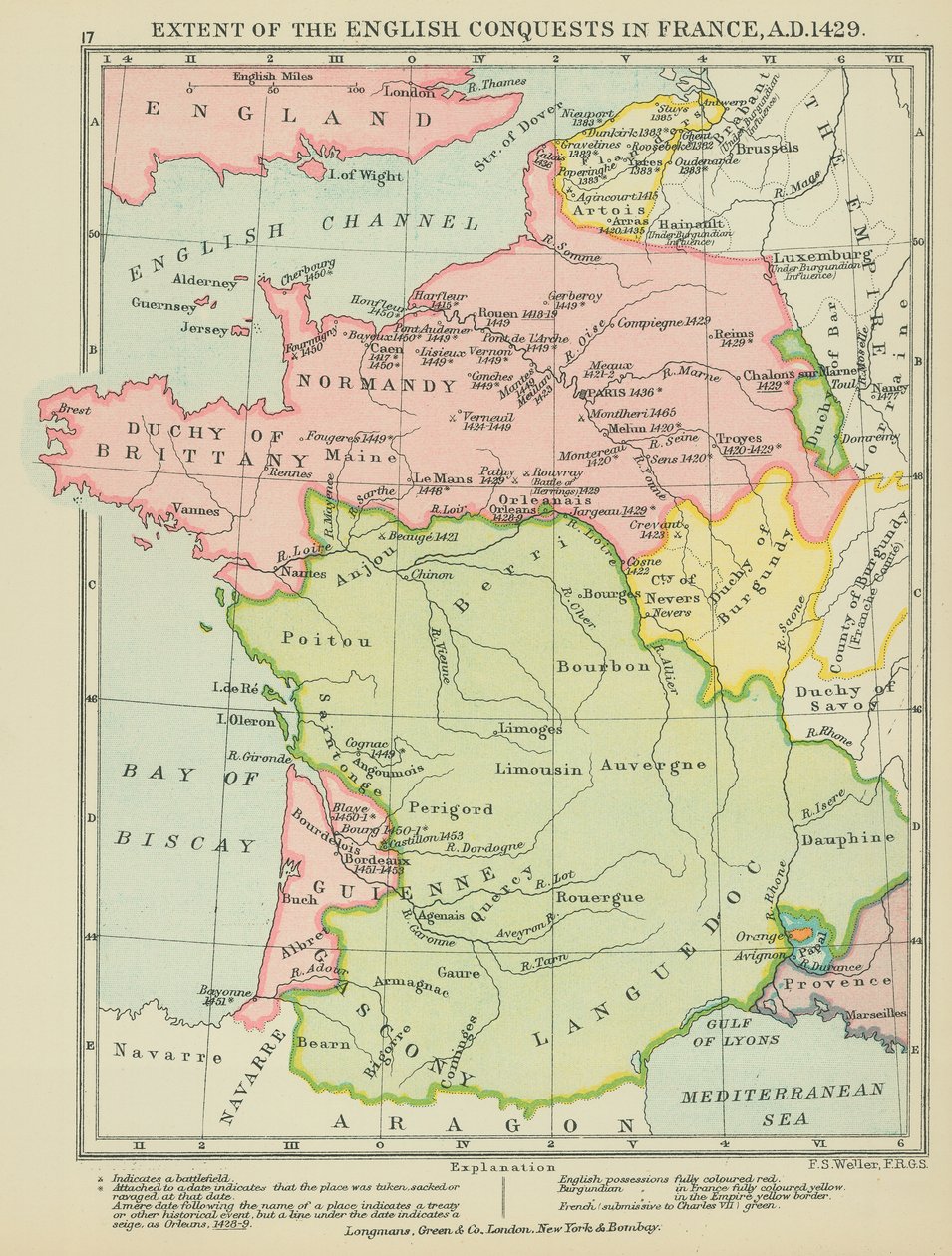Étendue des conquêtes anglaises en France, 1429 ap. J.-C. (lithographie couleur) - English School