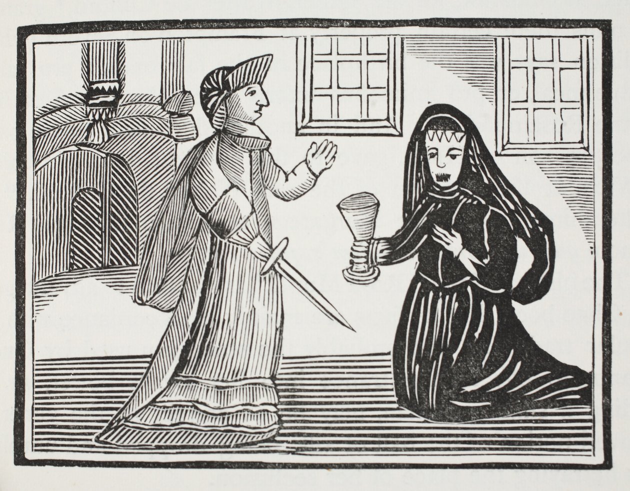 La belle Rosamonde empoisonnée par la reine Éléonore, illustration de Chap-books du XVIIIe siècle par John Ashton, pub. 1882 - English School