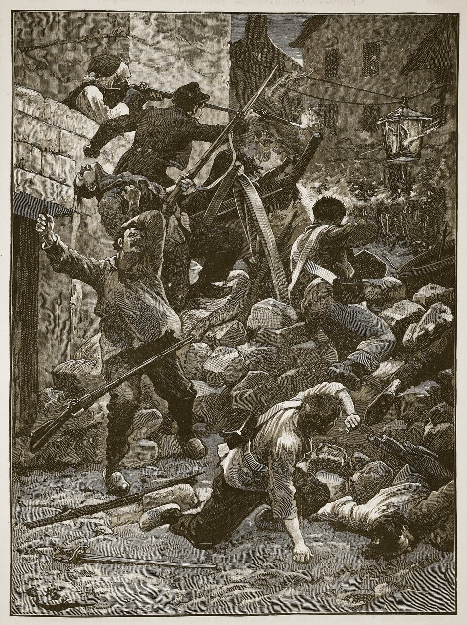 Combat aux barricades à Paris, illustration de Cassells Illustrated History of England - English School