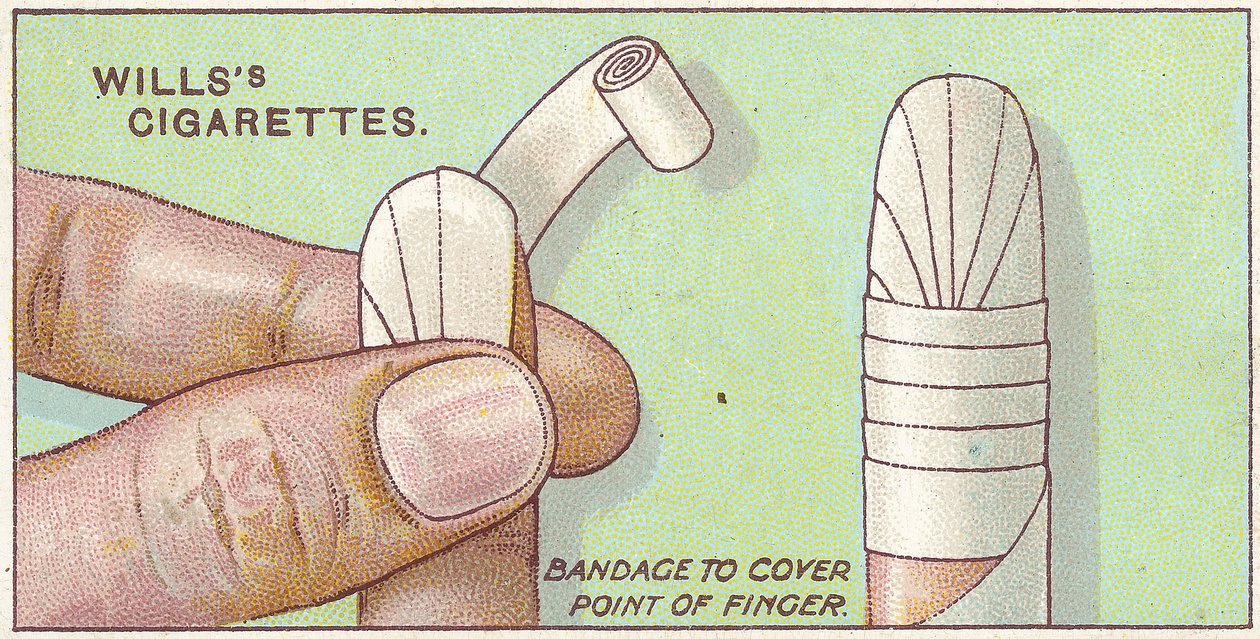 Bandage pour doigt, no.50 de la série Premiers Secours des cartes de cigarettes Willss, 1913 - English School