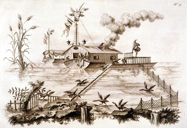 Pêche aux cormorans utilisant un bateau à eau et une enceinte clôturée, illustration de 