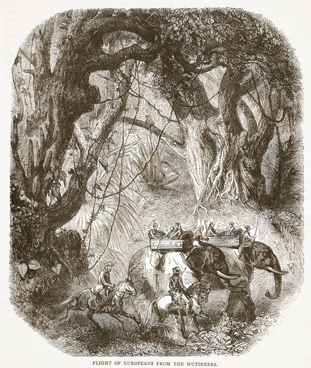 Fuite des Européens devant les mutins, illustration de Cassells Illustrated History of England - English School
