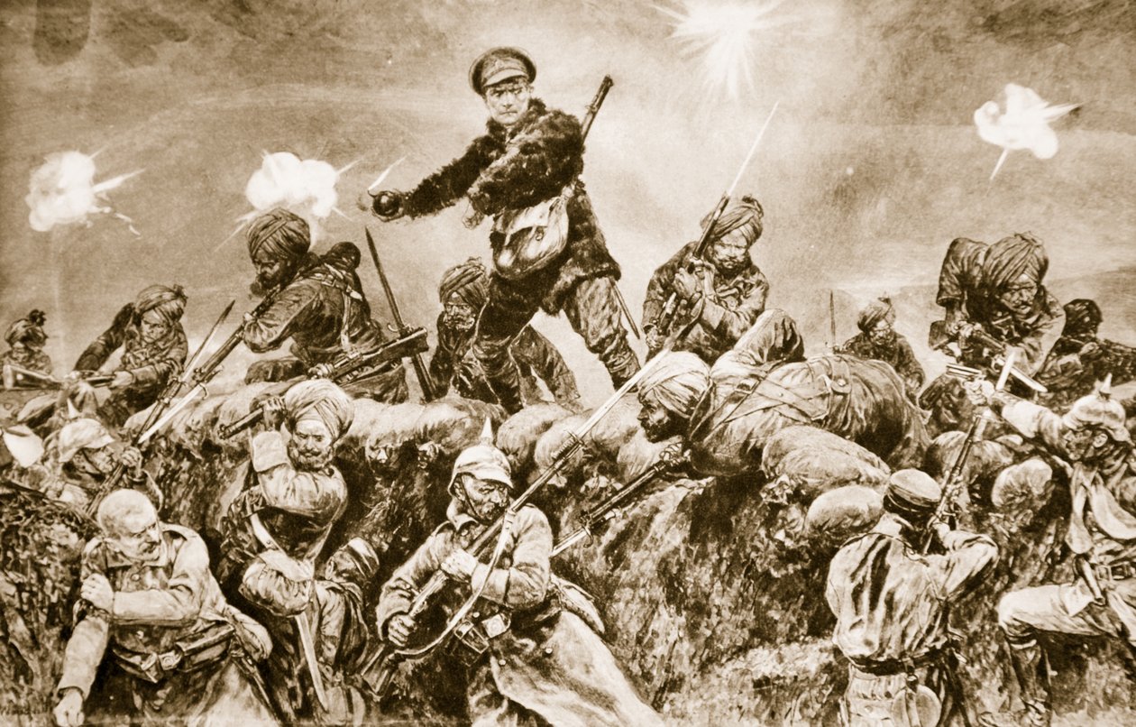 Pour la gloire du Raj : Troupes indiennes chargeant les tranchées allemandes à Neuve-Chapelle, mars 1915, 1914-19 - English School
