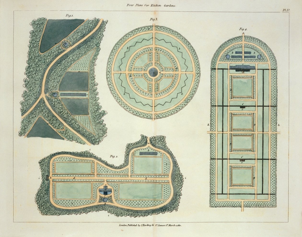 Quatre Plans pour Jardins Potagers, de Hints on the Formation of Gardens and Pleasure Grounds par John Claudius Loudon (1783-1843) publié en 1812 - English School