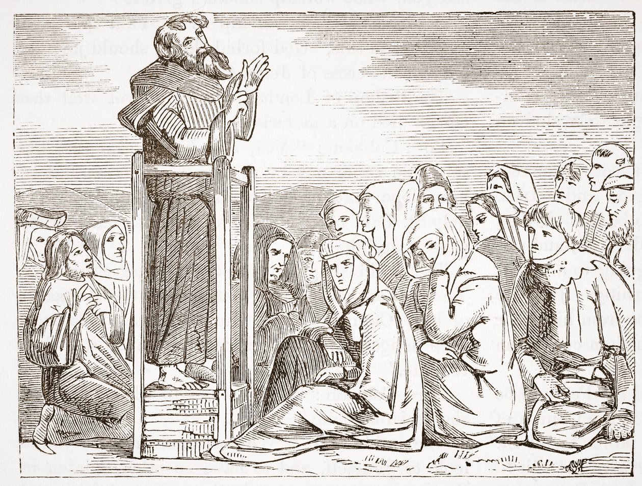 Frère prêchant depuis une chaire mobile, illustration de L