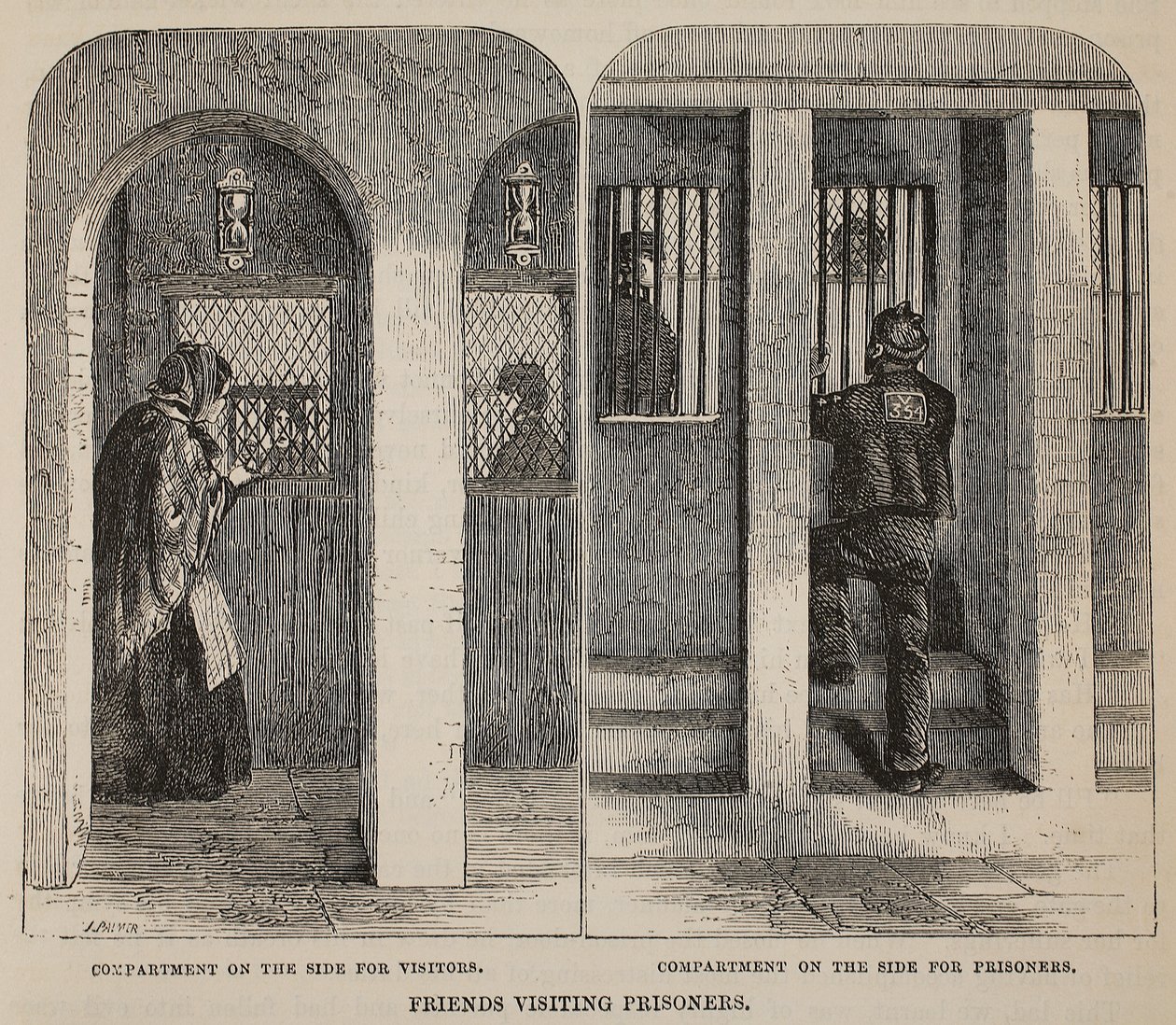 Visite des amis aux prisonniers, illustration de The Criminal Prisons of London and Scenes from Prison Life par Henry Mayhew et John Binny, pub. 1862 - English School