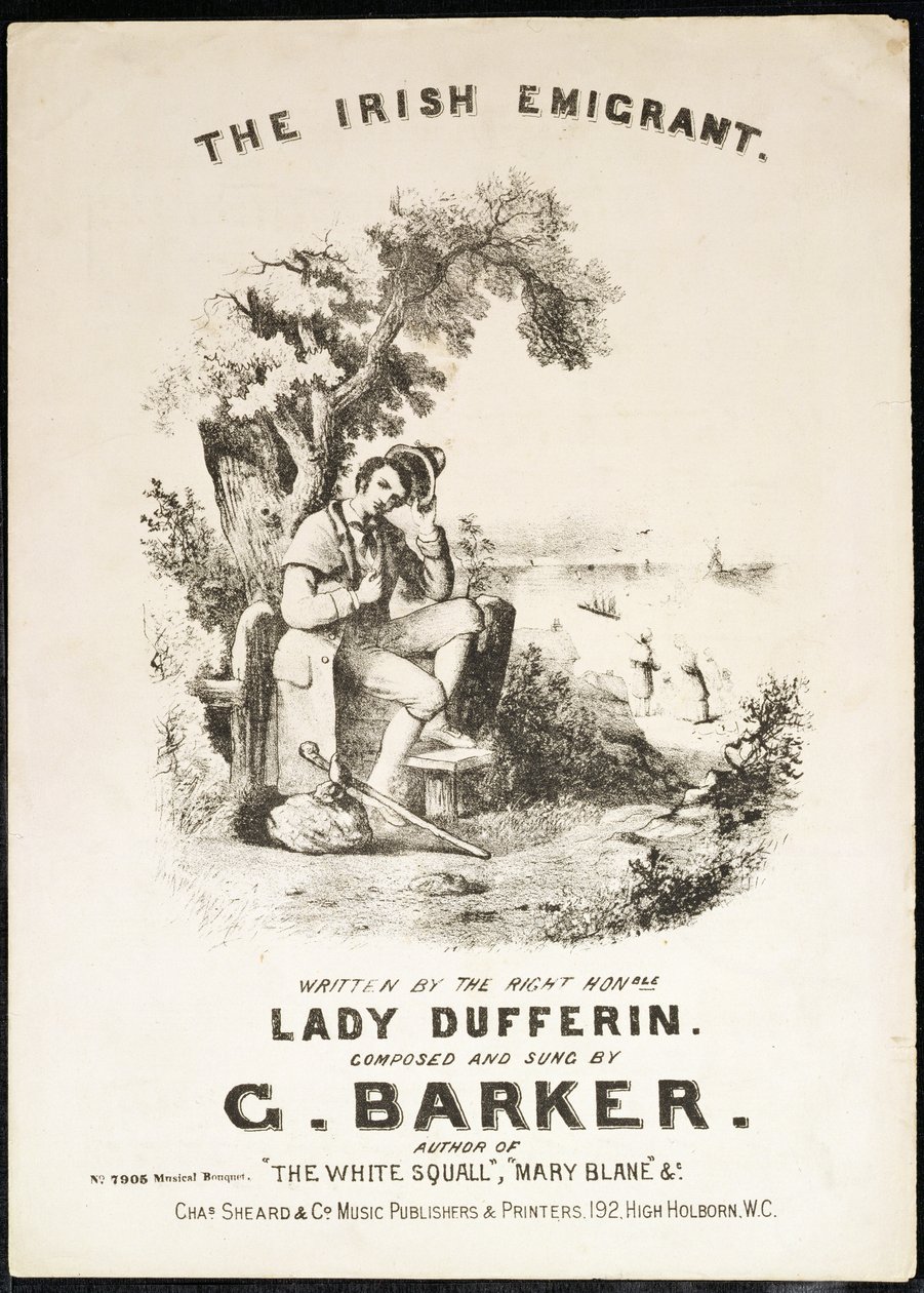 Couverture de la partition musicale pour The Irish Immigrant, écrite par Lady Dufferin, composée par G. Barker - English School