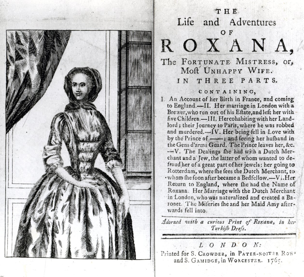 Frontispice et page de titre pour La Vie et les Aventures de Roxana par Daniel Defoe, publié en 1765 - English School