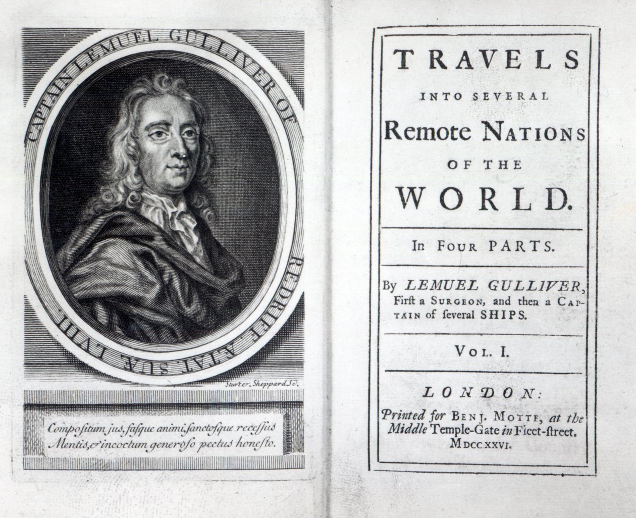Frontispice et page de titre de Les Voyages de Gulliver de Jonathan Swift, 1726 - English School