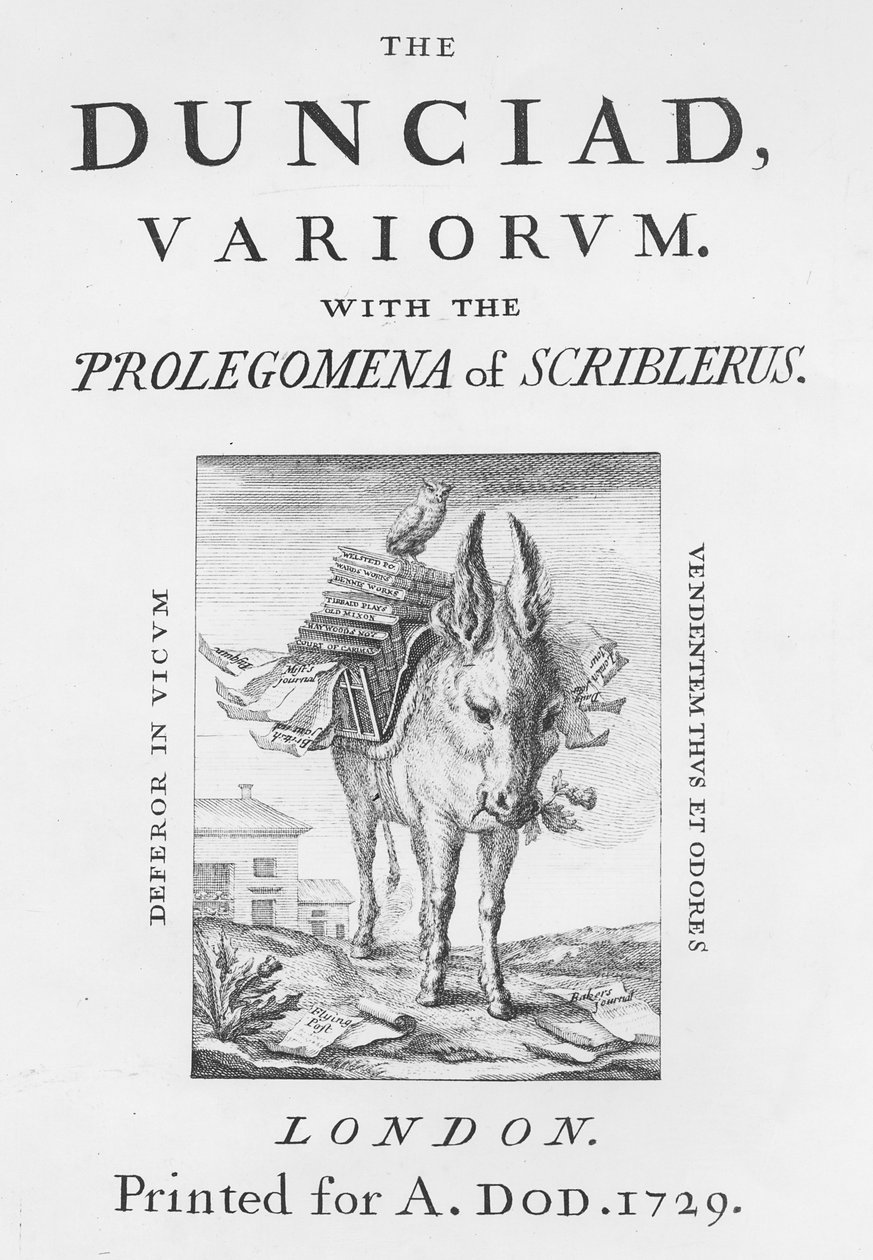 Frontispice et page de titre de La Dunciade Variorum par Alexander Pope, 1729 - English School
