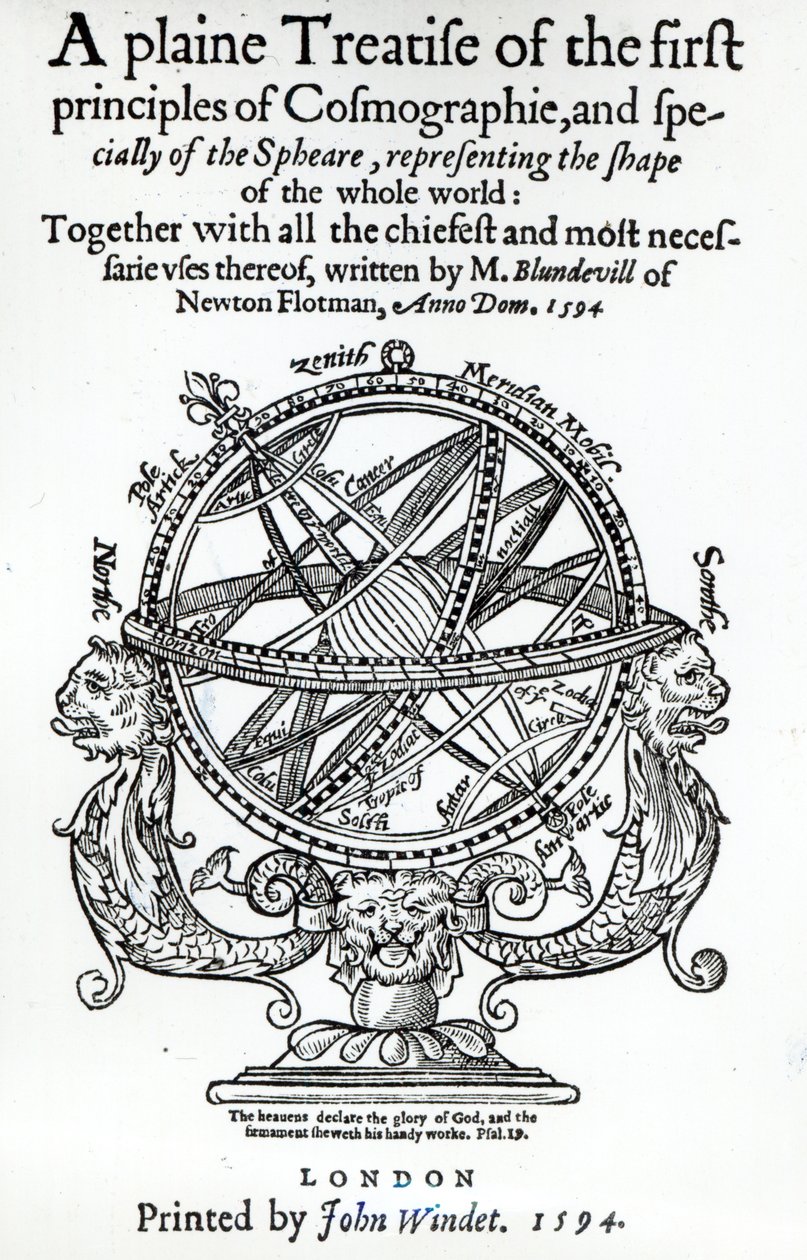 Frontispice de A Plain Treatise of the First Principles of Cosmographie par Thomas Blundeville, publié en 1594 - English School