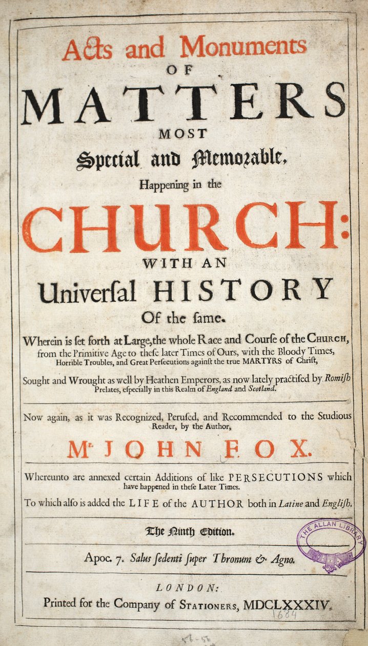Frontispice, tiré de Acts and Monuments de John Foxe, neuvième édition, pub. 1684 - English School