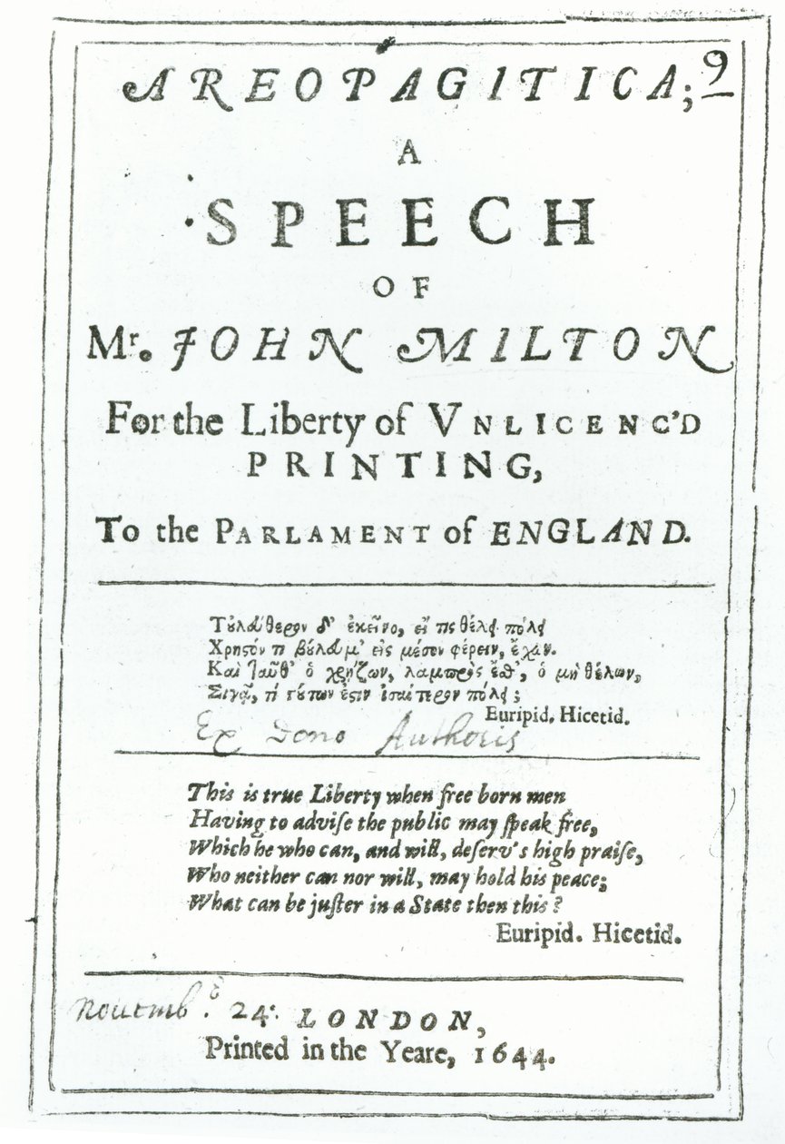 Frontispice de Areopagitica, un discours de John Milton publié en 1644 - English School