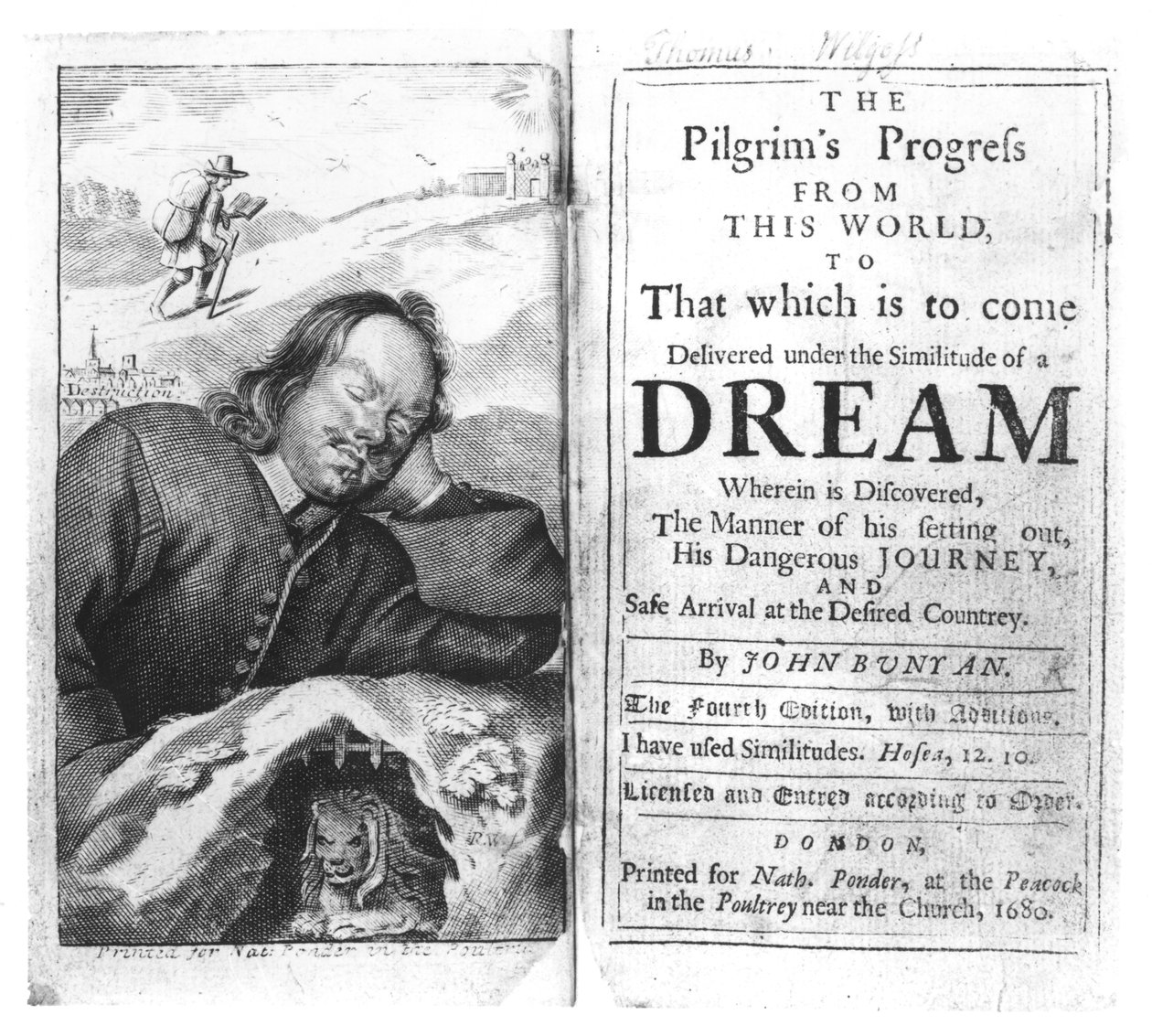 Frontispice de Le Voyage du pèlerin de John Bunyan (1628-88) publié en 1680 - English School