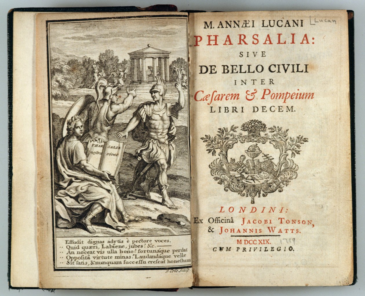 Frontispice de Pharsalia ou La Guerre Civile entre César et Pompée par Marcus Annaeus Lucan (AD 39-65) gravé par J. Cole, 1719 - English School
