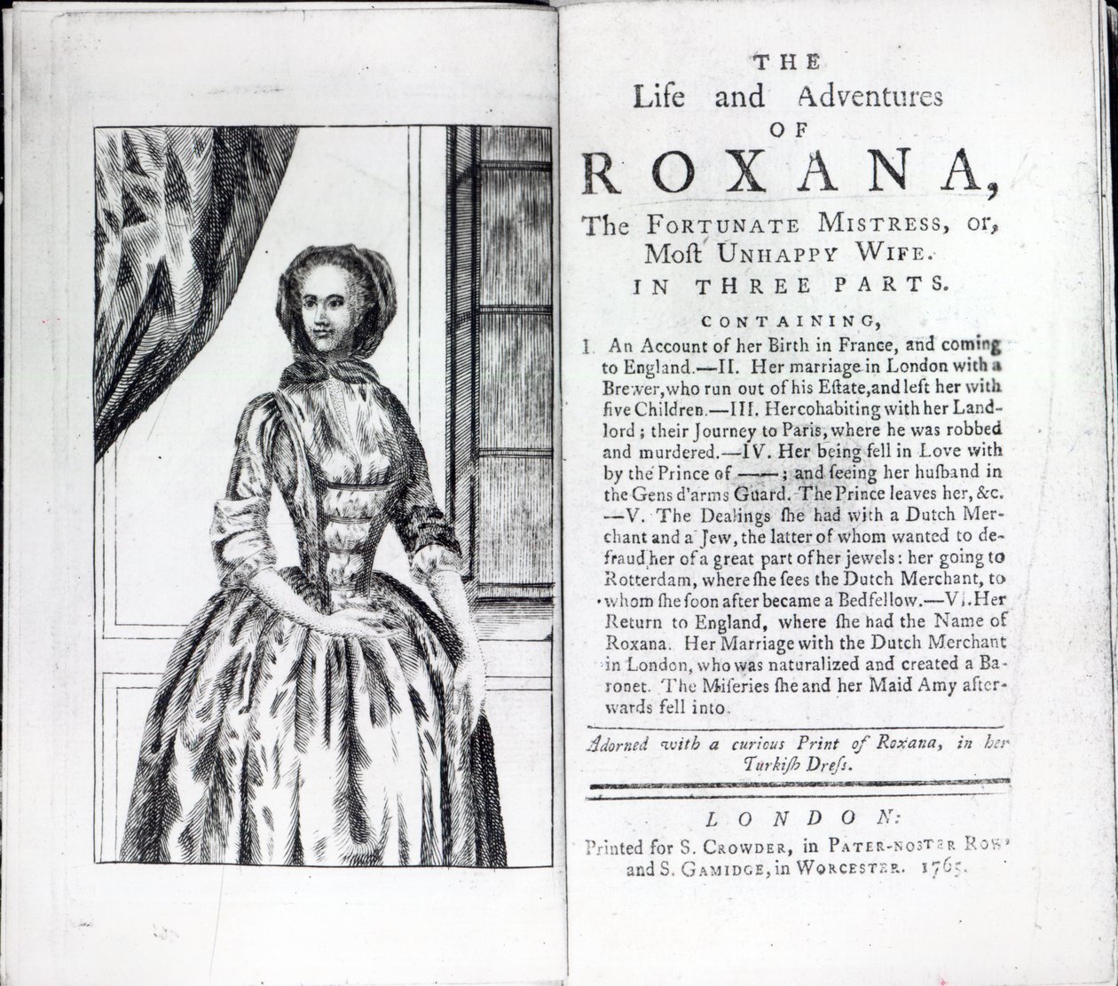 Frontispice de Roxana, La Maîtresse Fortunée de Daniel Defoe, édition publiée en 1765 - English School