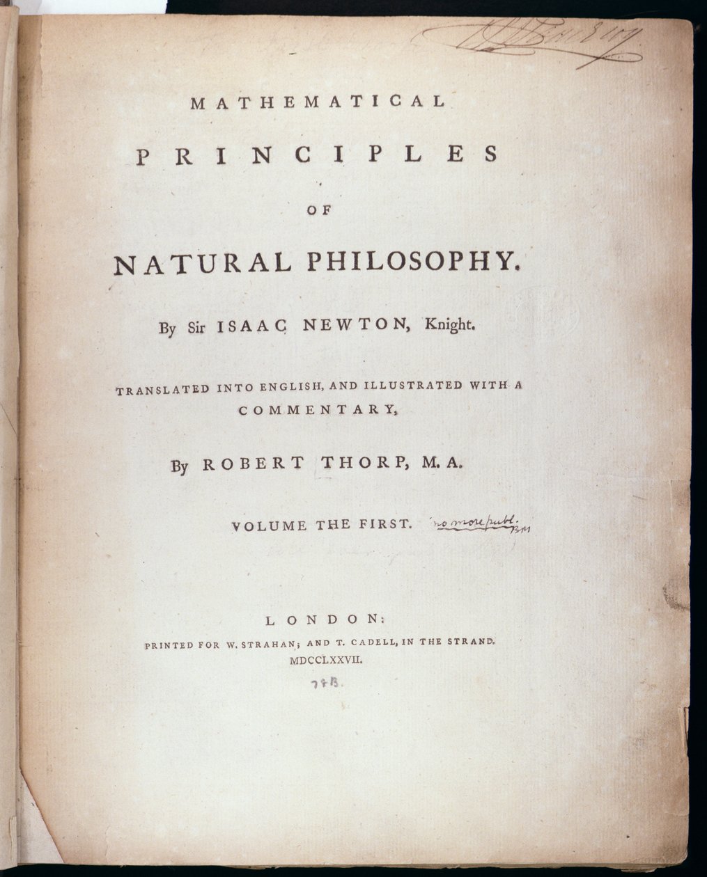 Frontispice du Volume I des Principes mathématiques de la philosophie naturelle par Sir Isaac Newton (1642-1727) 1777 - English School
