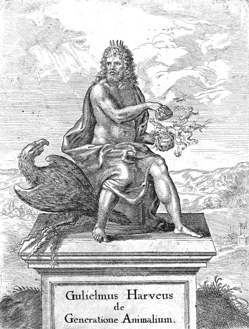 Frontispice de De Generatione Animalium de William Harvey publié en 1651 - English School