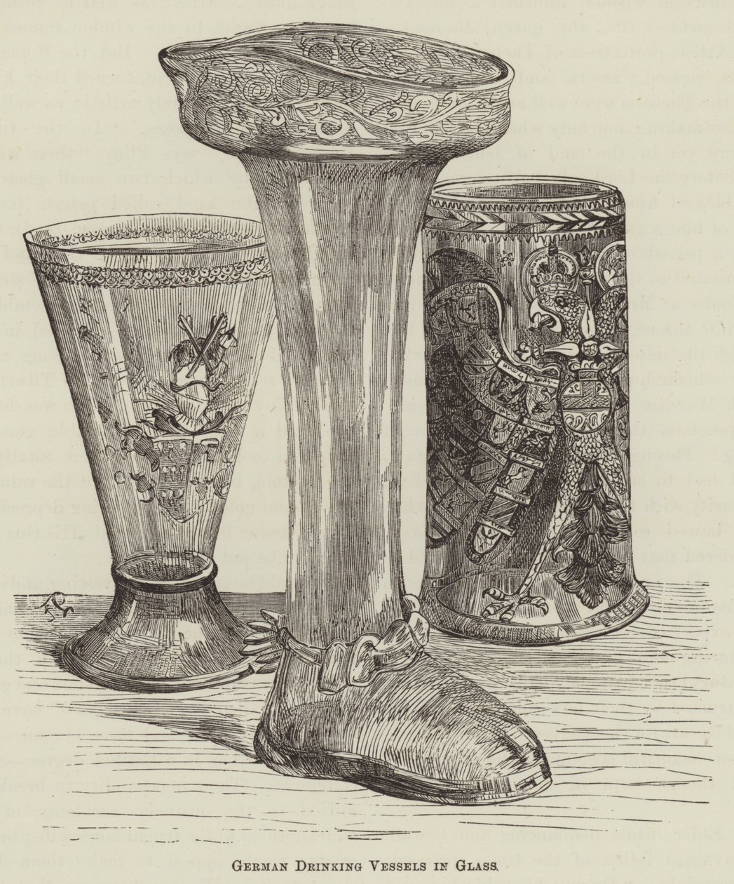 Vases à boire allemands en verre (gravure) - English School