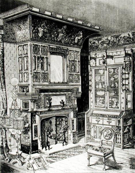 Cabinet gothique et cheminée richement décorée d