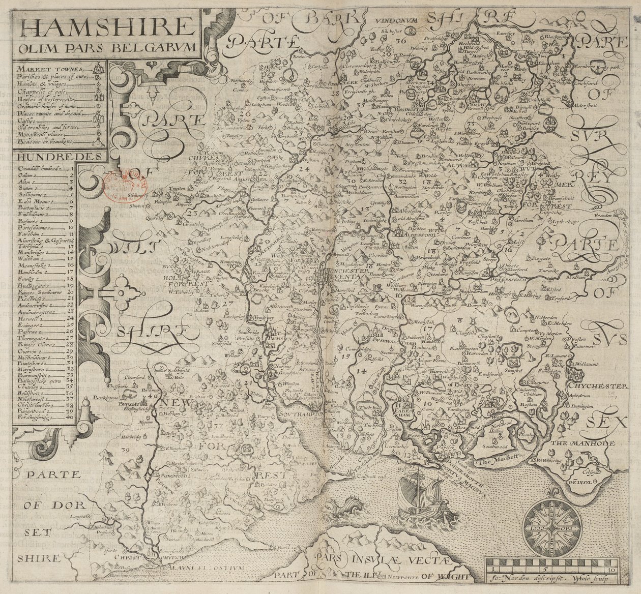 Hamshire, olim pars Belgarum. J. Norden descripsit. W. Hole sculp., de 