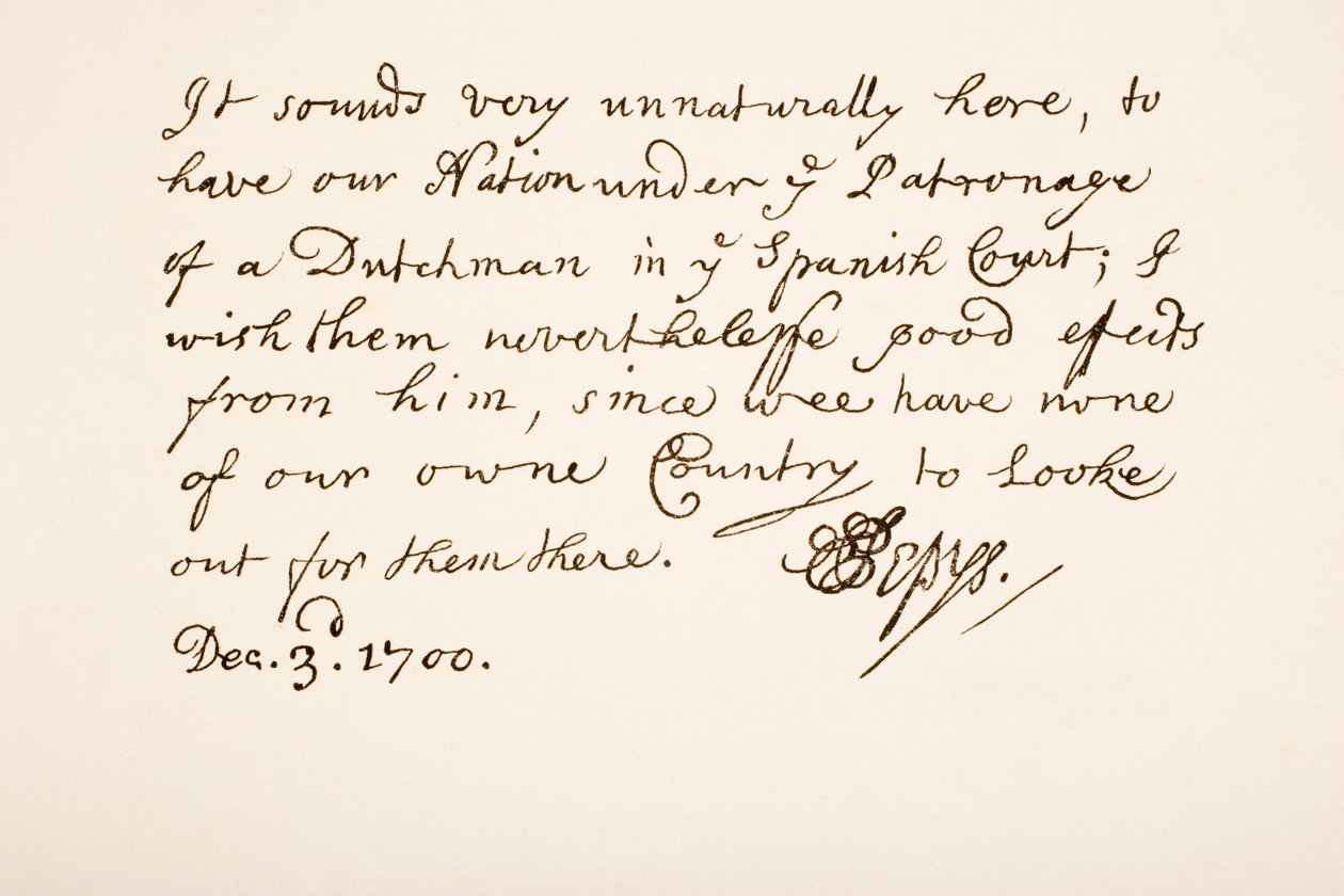 Écriture et signature de Samuel Pepys, 1700 - English School