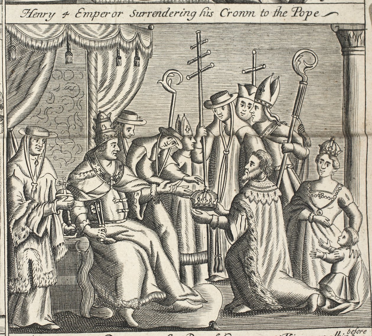 Henri IV empereur remettant sa couronne au pape, illustration des Actes et Monuments de John Foxe, neuvième édition, pub. 1684 - English School