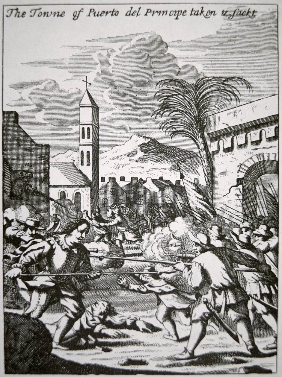 Henry Morgan capture et pille la ville de Puerto de Principe, Cuba, en 1668, illustration de 