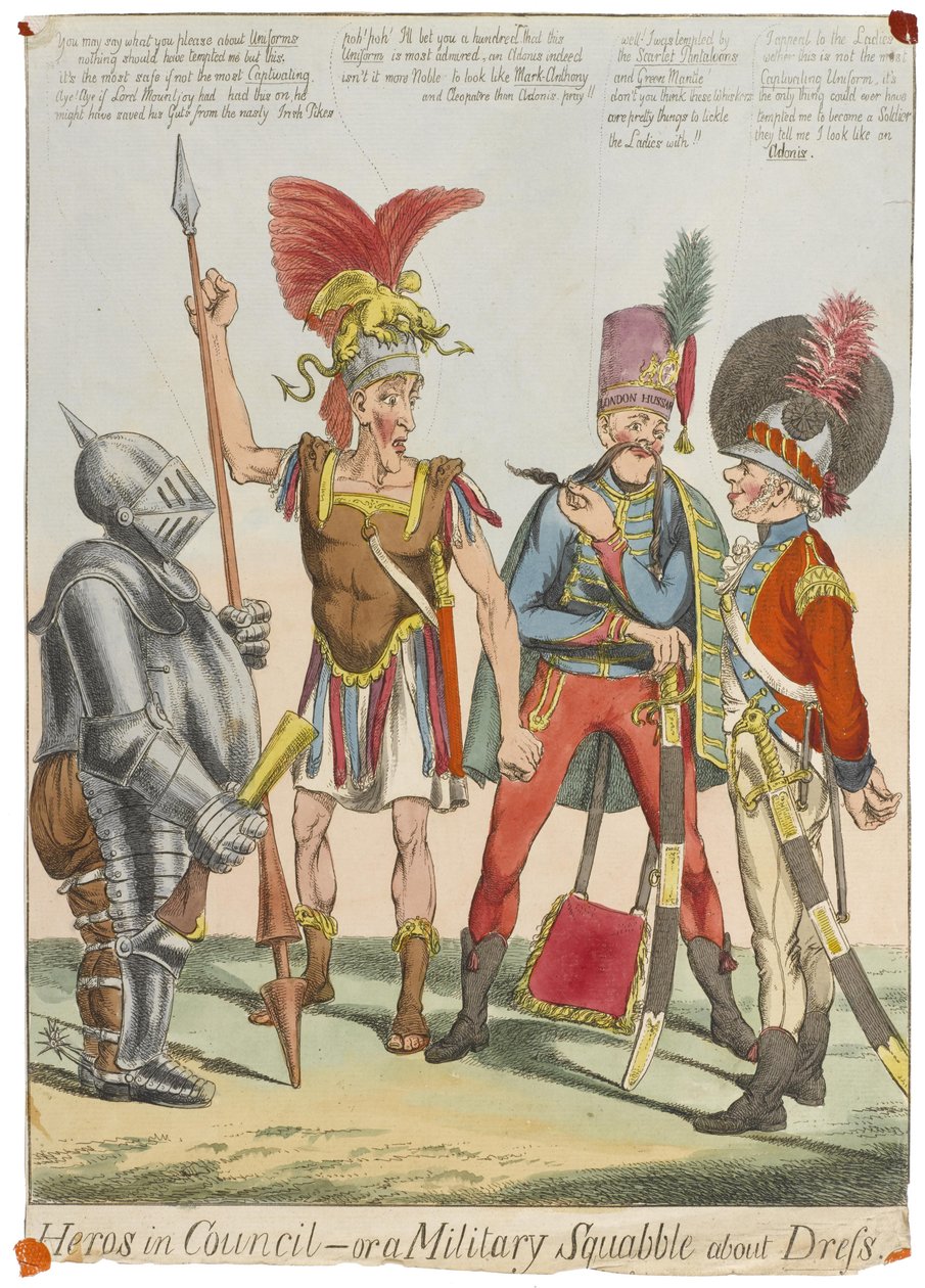 Héros en Conseil - ou une querelle militaire sur la tenue, vers 1820 (gravure en couleur) - English School