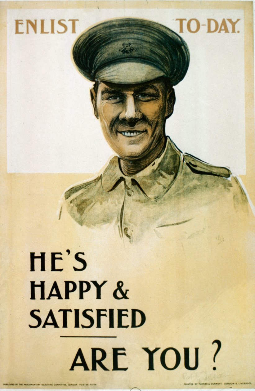 Il est heureux et satisfait - Et vous?, affiche de recrutement britannique de la Première Guerre mondiale, 1914-18 - English School
