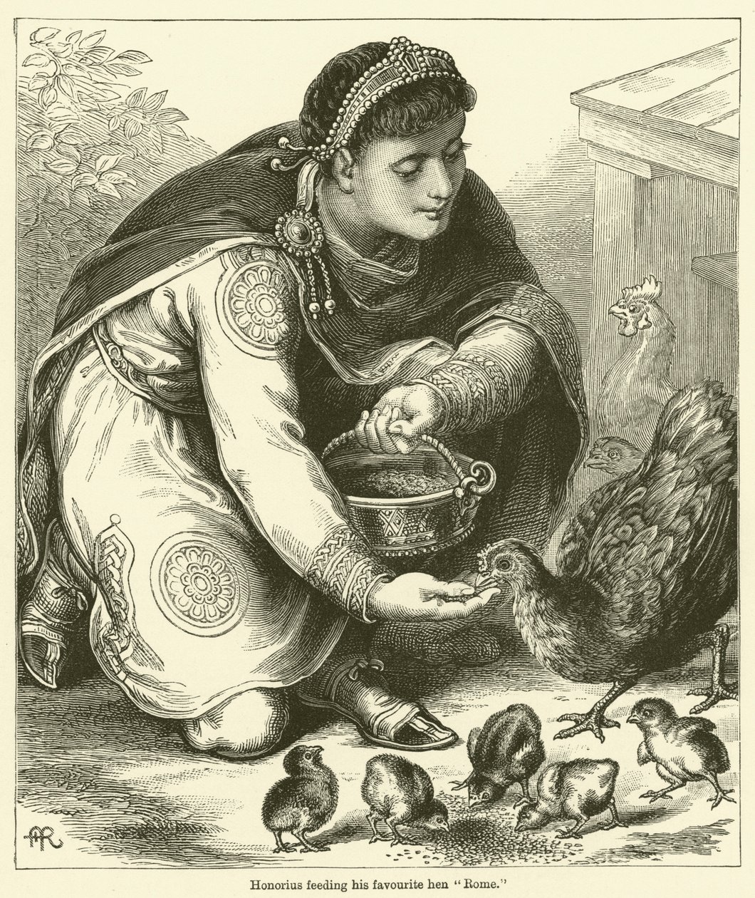 Honorius nourrissant sa poule préférée "Rome" (gravure) - English School