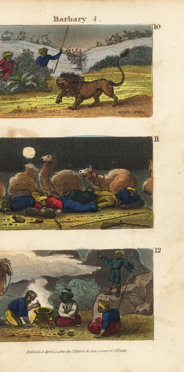Chasse aux lions dans les États barbaresques, chameaux et conducteurs dormant dans le désert et Arabes invitant les voyageurs à dîner - English School