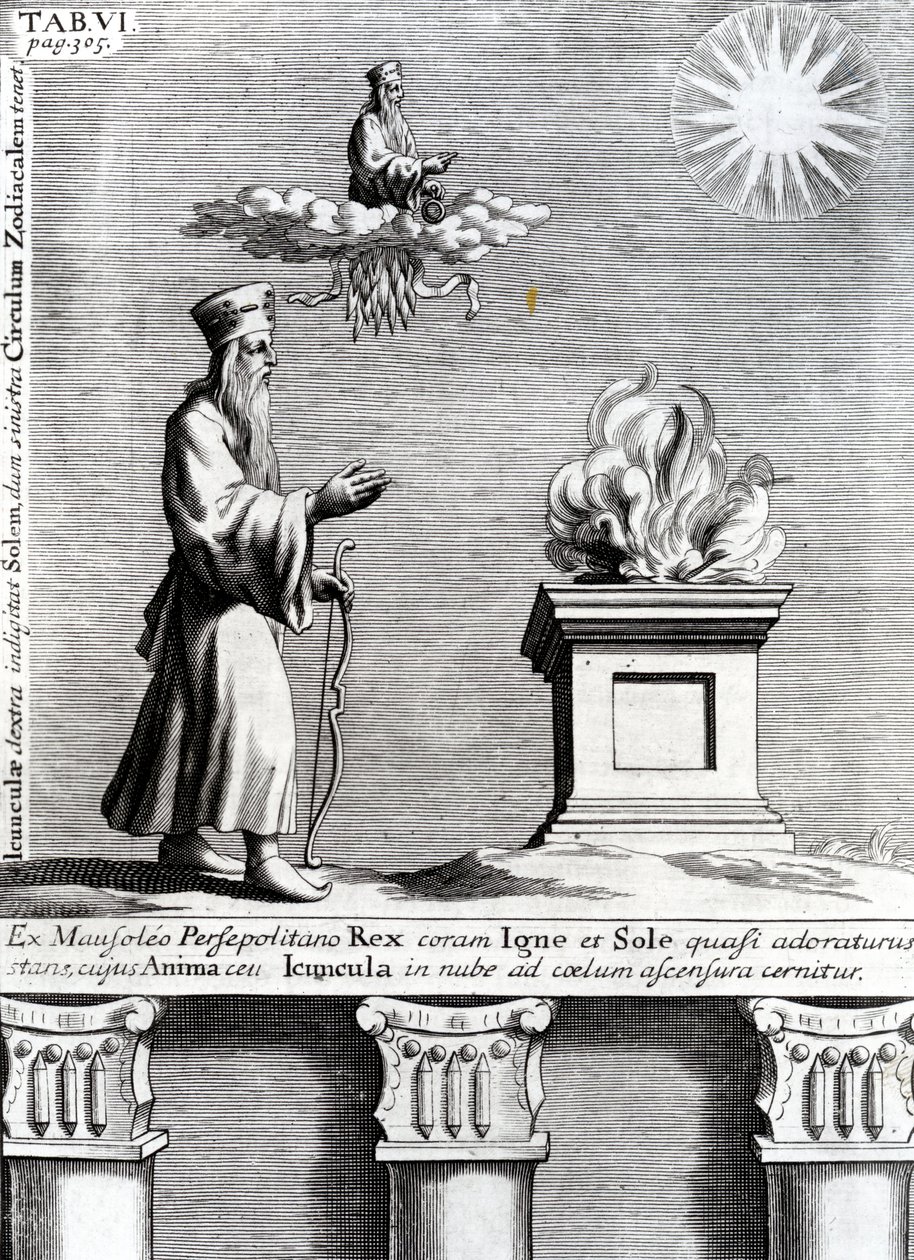 Illustration de Zoroastre adorant le feu et le soleil, 1697 - English School