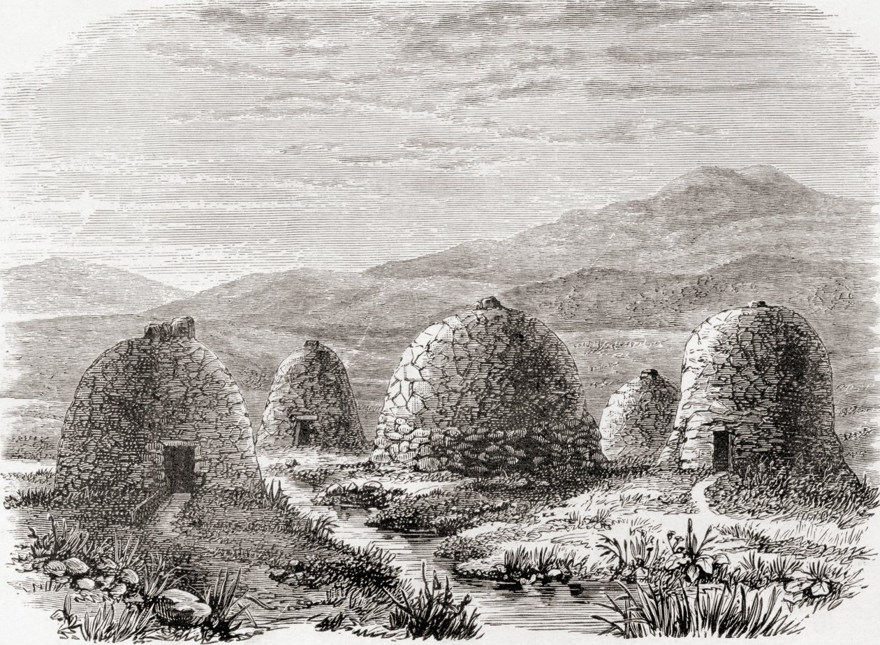 Huttes habitées à Uig, Île de Lewis dans les Hébrides extérieures en 1859, de 