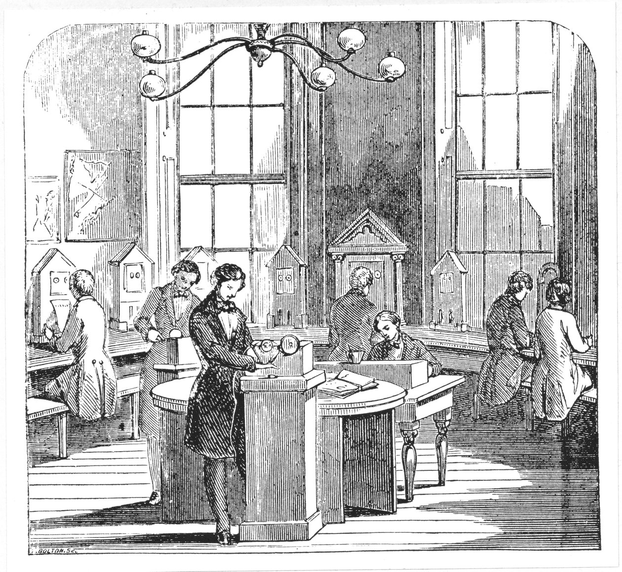 Salle des instruments au bureau du télégraphe électrique, Lothbury, Londres, du Musée des sciences et des arts de Dionysius Lardner, vers 1860 - English School