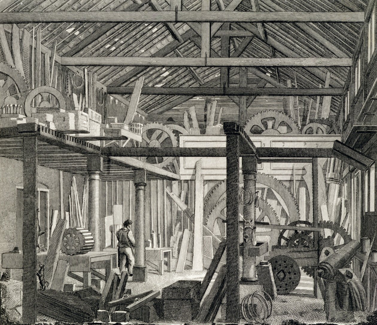 Vue intérieure de la maison de réunion de John Bunyan à Zoar Street, Gravel Lane, Southwark, utilisée comme atelier et scierie, c.1822 - English School