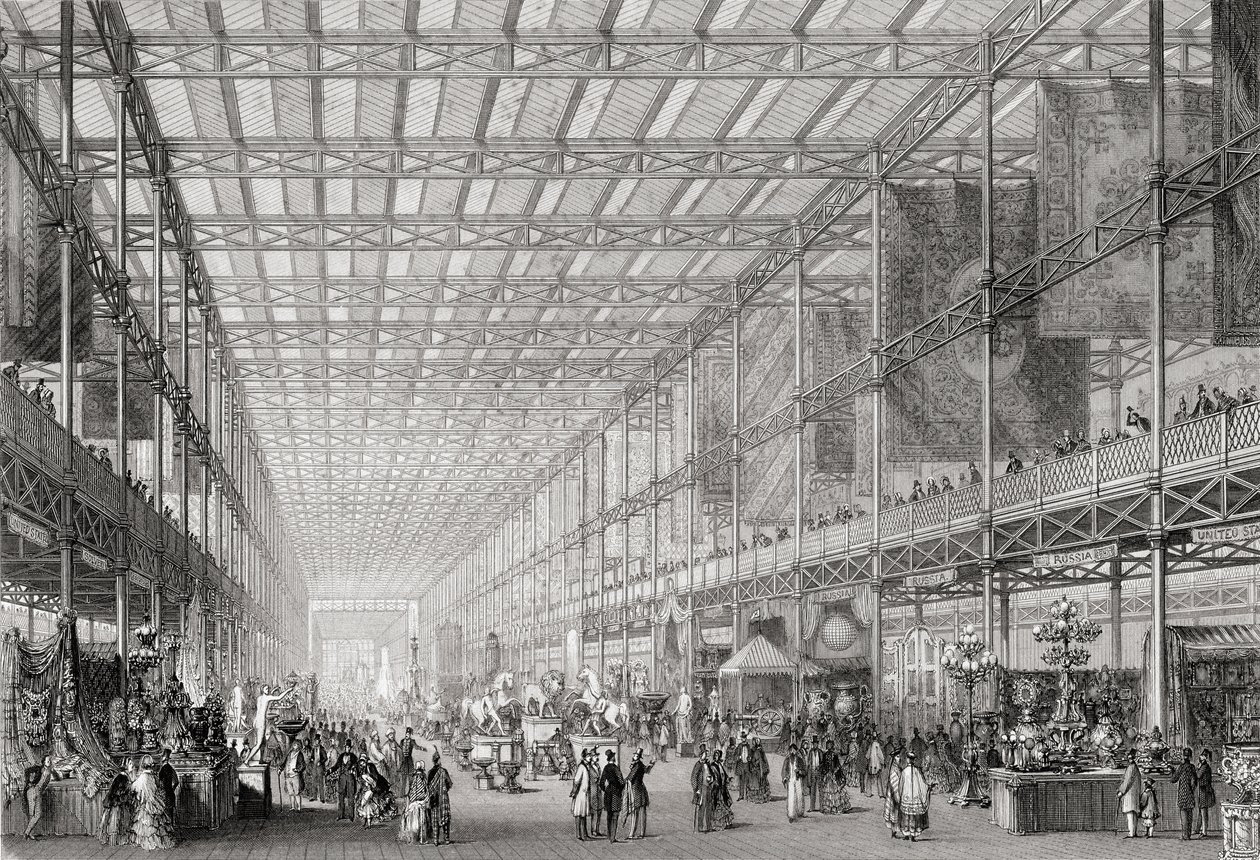 Intérieur de la Grande Exposition Industrielle de 1851 à Hyde Park, de Cyclopaedia of Useful Arts & Manufactures, édité par Charles Tomlinson, vers 1880 - English School