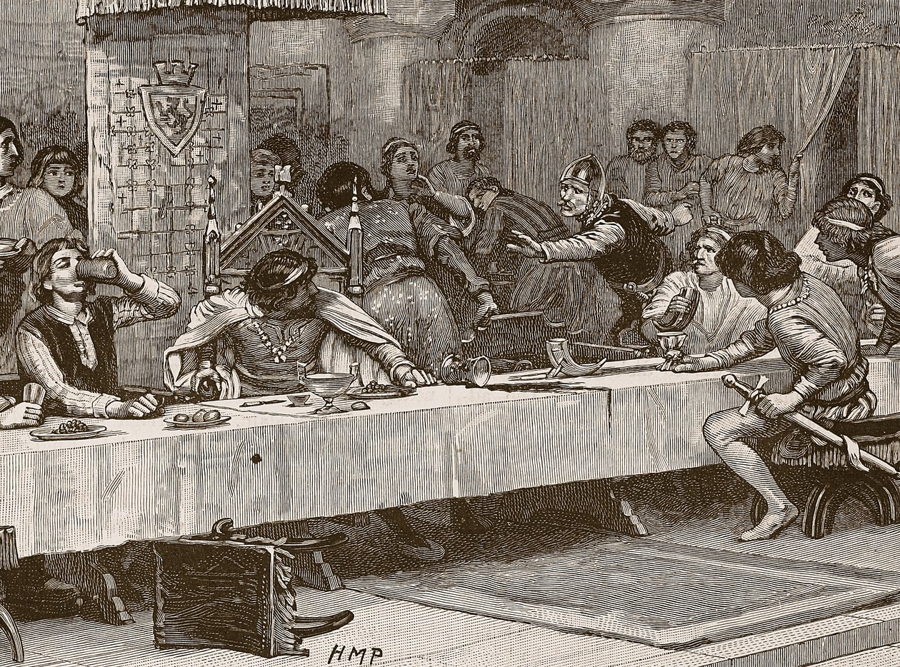 Interruption du dîner de Noël de Balliol, illustration de Cassells Illustrated History of England - English School