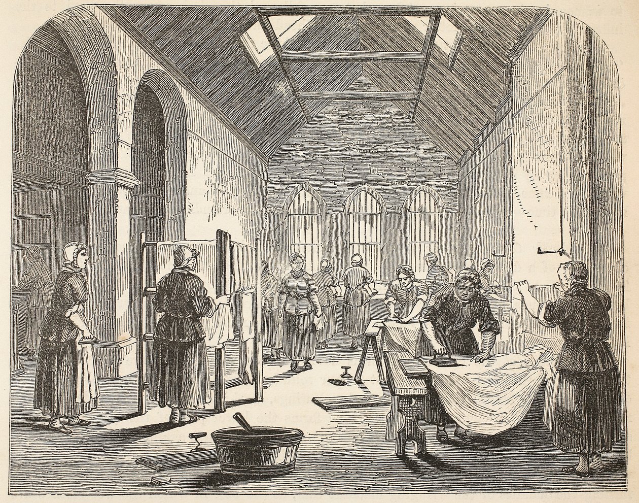 Salle de repassage à la prison de Brixton, illustration de The Criminal Prisons of London and Scenes from Prison Life par Henry Mayhew et John Binny, pub. 1862 - English School